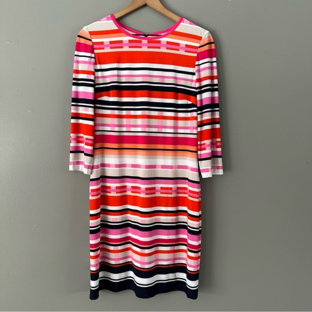Eliza J Midi Striped Sheath Dress | Pink + Blue + Coral